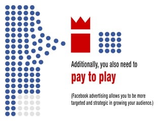 Additionally, you also need to pay to play (Facebook advertising allows you to be
more targeted and strategic in growing your audience.
 