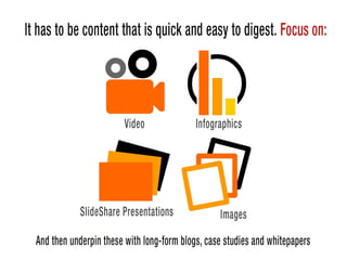 It has to be content that is quick and easy to digest. Focus on:
Video
Infographics
SlideShare Presentations
Images
And then underpin these with long-form blogs, case studies and whitepapers
 