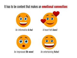 It has to be content that makes an emotional connection – either:
An informative A-ha!
A heart felt Haaa!
An impressed Oh-wow!
Or an entertaining Ha-ha!
 