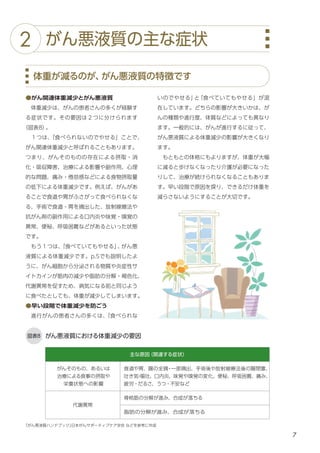 7
体重が減るのが、
がん悪液質の特徴です
いのでやせる」
と
「食べていてもやせる」が混
在しています。どちらの影響が大きいかは、が
んの種類や進行度、体質などによっても異なり
ます。一般的には、がんが進行するに従って、
がん悪液質による体重減少の影響が大きくなり
ます。
　もともとの体格にもよりますが、体重が大幅
に減ると歩けなくなったり介護が必要になった
りして、治療が続けられなくなることもありま
す。早い段階で原因を探り、できるだけ体重を
減らさないようにすることが大切です。
がん悪液質における体重減少の要因
図表8
主な原因
（関連する症状）
がんそのもの、あるいは
治療による食事の摂取や
栄養状態への影響
食道や胃、腸の全摘
・
一部摘出、手術後や放射線療法後の腸閉塞、
吐き気
・
嘔吐、口内炎、味覚や嗅覚の変化、便秘、呼吸困難、痛み、
疲労・だるさ、うつ・不安など
代謝異常
骨格筋の分解が進み、合成が落ちる
脂肪の分解が進み、合成が落ちる
「がん悪液質ハンドブック」
日本がんサポーティブケア学会 などを参考に作成
がん悪液質の主な症状
2
●がん関連体重減少とがん悪液質
　体重減少は、がんの患者さんの多くが経験す
る症状です。その要因は２つに分けられます
（図表8）
。
　１つは、
「食べられないのでやせる」ことで、
がん関連体重減少と呼ばれることもあります。
つまり、がんそのものの存在による摂取・消
化・吸収障害、治療による影響や副作用、心理
的な問題、痛み・倦怠感などによる食物摂取量
の低下による体重減少です。例えば、がんがあ
ることで食道や胃がふさがって食べられなくな
る、手術で食道・胃を摘出した、放射線療法や
抗がん剤の副作用による口内炎や味覚・嗅覚の
異常、便秘、呼吸困難などがあるといった状態
です。
　もう１つは、
「食べていてもやせる」
、
がん悪
液質による体重減少です。p.5でも説明したよ
うに、がん細胞から分泌される物質や炎症性サ
イトカインが筋肉の減少や脂肪の分解・褐色化、
代謝異常を促すため、病気になる前と同じよう
に食べたとしても、体重が減少してしまいます。
●早い段階で体重減少を防ごう
　進行がんの患者さんの多くは、
「食べられな
 