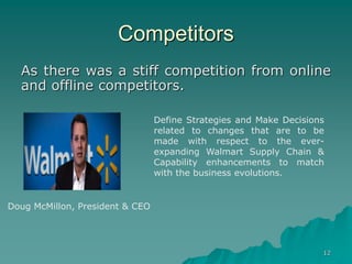 12
Competitors
As there was a stiff competition from online
and offline competitors.
Doug McMillon, President & CEO
Define Strategies and Make Decisions
related to changes that are to be
made with respect to the ever-
expanding Walmart Supply Chain &
Capability enhancements to match
with the business evolutions.
 