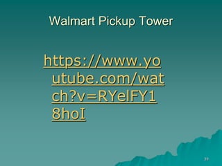 39
Walmart Pickup Tower
https://www.yo
utube.com/wat
ch?v=RYelFY1
8hoI
 