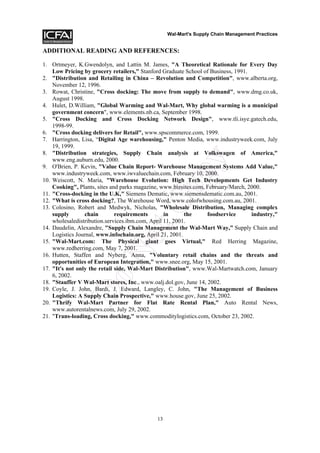 Wal-Mart's Supply Chain Management Practices


ADDITIONAL READING AND REFERENCES:

1. Ortmeyer, K.Gwendolyn, and Lattin M. James, "A Theoretical Rationale for Every Day
    Low Pricing by grocery retailers," Stanford Graduate School of Business, 1991.
2. "Distribution and Retailing in China – Revolution and Competition", www.alberta.org,
    November 12, 1996.
3. Rowat, Christine, "Cross docking: The move from supply to demand", www.dmg.co.uk,
    August 1998.
4. Hulet, D.William, "Global Warming and Wal-Mart, Why global warming is a municipal
    government concern", www.elements.nb.ca, September 1998.
5. "Cross Docking and Cross Docking Network Design", www.tli.isye.gatech.edu,
    1998-99.
6. "Cross docking delivers for Retail", www.spscommerce.com, 1999.
7. Harrington, Lisa, “Digital Age warehousing," Penton Media, www.industryweek.com, July
    19, 1999.
8. "Distribution strategies, Supply Chain analysis at Volkswagen of America,"




                                                         y
    www.eng.auburn.edu, 2000.
9. O'Brien, P. Kevin, "Value Chain Report- Warehouse Management Systems Add Value,"



                                               op
    www.industryweek.com, www.iwvaluechain.com, February 10, 2000.
10. Weiscott, N. Maria, "Warehouse Evolution: High Tech Developments Get Industry
    Cooking", Plants, sites and parks magazine, www.bizsites.com, February/March, 2000.
11. "Cross-docking in the U.K," Siemens Dematic, www.siemensdematic.com.au, 2001.
12. "What is cross docking?, The Warehouse Word, www.colofwhousing.com.au, 2001.
                                    tC
13. Colosino, Robert and Medwyk, Nicholas, "Wholesale Distribution, Managing complex
    supply       chain        requirements        in      the     foodservice      industry,"
    wholesaledistribution.services.ibm.com, April 11, 2001.
14. Daudelin, Alexandre, "Supply Chain Management the Wal-Mart Way,” Supply Chain and
    Logistics Journal, www.infochain.org, April 21, 2001.
                          No

15. "Wal-Mart.com: The Physical giant goes Virtual," Red Herring Magazine,
    www.redherring.com, May 7, 2001.
16. Hutten, Staffen and Nyberg, Anna, "Voluntary retail chains and the threats and
    opportunities of European Integration," www.snee.org, May 15, 2001.
17. "It's not only the retail side, Wal-Mart Distribution", www.Wal-Martwatch.com, January
    6, 2002.
             Do



18. "Stauffer V Wal-Mart stores, Inc., www.oalj.dol.gov, June 14, 2002.
19. Coyle, J. John, Bardi, J. Edward, Langley, C. John, "The Management of Business
    Logistics: A Supply Chain Prospective," www.house.gov, June 25, 2002.
20. "Thrify Wal-Mart Partner for Flat Rate Rental Plan," Auto Rental News,
    www.autorentalnews.com, July 29, 2002.
21. "Trans-loading, Cross docking," www.commoditylogistics.com, October 23, 2002.




                                             13
 