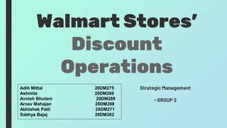 Walmart Stores’
Discount
Operations
Strategic Management
- GROUP 2
Aditi Mittal 20DM275
Ashmita 20DM269
Avnish Bhutani 20DM289
Arnav Mahajan 20DM288
Abhishek Patil 20DM271
Sabhya Bajaj 20DM262
 