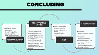 • Wal-Mart should
expand to
densely populated
states, e.g. New
York, Washington etc.
RECOMMENDATION
•Total no. Of discount
stores were only 18%
•The map suggested the
fact that their presence
was limited to
central America and
expansion towards the
east and the west coast
could prove to be
an important location to
expand
KEY SUPPORTING
FACTORS
•Political Environment
•Competitive threat
•No prior experience in
densely
populated market.
•Capital intensive
RISK
•Surveys to
acquire customer tastes
and preferences
•Increasing
distribution centres.
•Implementing UPC syst
ems in the existing as
well as the
newly expanded stores.
•Training systems.
IMPLEMENTATION
CONCLUDING
 