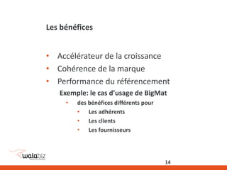 Les bénéfices
• Accélérateur de la croissance
• Cohérence de la marque
• Performance du référencement
Exemple: le cas d’usage de BigMat
• des bénéfices différents pour
• Les adhérents
• Les clients
• Les fournisseurs
14
 