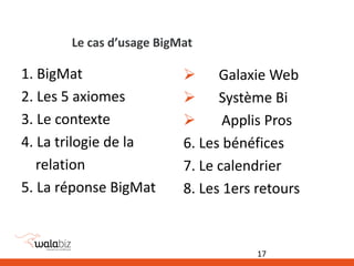 Le cas d’usage BigMat
1. BigMat
2. Les 5 axiomes
3. Le contexte
4. La trilogie de la
relation
5. La réponse BigMat
 Galaxie Web
 Système Bi
 Applis Pros
6. Les bénéfices
7. Le calendrier
8. Les 1ers retours
17
 