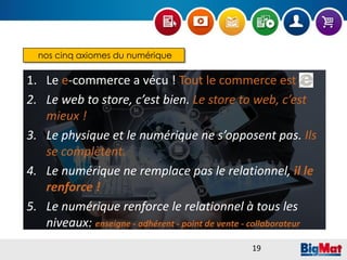 nos cinq axiomes du numérique
1. Le e-commerce a vécu ! Tout le commerce est
2. Le web to store, c’est bien. Le store to web, c’est
mieux !
3. Le physique et le numérique ne s’opposent pas. Ils
se complètent.
4. Le numérique ne remplace pas le relationnel, il le
renforce !
5. Le numérique renforce le relationnel à tous les
niveaux: enseigne - adhérent - point de vente - collaborateur
19
 