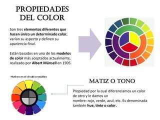 Propiedades del color Son tres elementos diferentes que hacen único un determinado color, varían su aspecto y definen su apariencia final. Están basados en uno de los modelos de color más aceptados actualmente, realizado por Albert Münsell en 1905. 
MATIZ O TONO 
Propiedad por la cual diferenciamos un color de otro y le damos un 
nombre: rojo, verde, azul, etc. Es denominada también hue, tinte o color. 
 