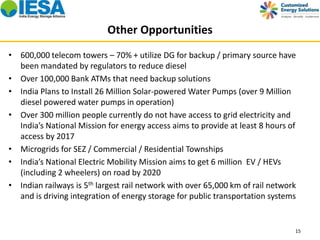Other Opportunities 
• 600,000 telecom towers – 70% + utilize DG for backup / primary source have 
been mandated by regulators to reduce diesel 
• Over 100,000 Bank ATMs that need backup solutions 
• India Plans to Install 26 Million Solar-powered Water Pumps (over 9 Million 
diesel powered water pumps in operation) 
• Over 300 million people currently do not have access to grid electricity and 
India’s National Mission for energy access aims to provide at least 8 hours of 
access by 2017 
• Microgrids for SEZ / Commercial / Residential Townships 
• India’s National Electric Mobility Mission aims to get 6 million EV / HEVs 
(including 2 wheelers) on road by 2020 
• Indian railways is 5th largest rail network with over 65,000 km of rail network 
and is driving integration of energy storage for public transportation systems 
15 
 