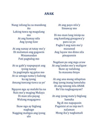 ANAK
Nung isilang ka sa mundong
ito
Laking tuwa ng magulang
mo
At ang kamay nila
Ang iyong ilaw
At ang nanay at tatay mo'y
Di malaman ang gagawin
Minamasdan
Pati pagtulog mo
At sa gabi'y napupuyat ang
iyong nanay
Sa pagtimpla ng gatas mo
At sa umaga nama'y kalong
ka ng iyong
Amang tuwang-tuwa sa yo'
Ngayon nga ay malaki ka na
Nais mo'y maging Malaya
Di man sila payag
Walang magagawa
Ikaw nga ay biglang
nagbago
Nagging matigas ang iyong
ulo
At ang payo nila'y
Sinuway mo
Di mo man lang inisip na
ang kanilang ginagawa'y
para sa yo
Pagka't ang nais mo'y
masunod
Ang layaw mo dimo sila
pinapansin
Nagdaan pa ang mga araw
At ang landas mo'y maligaw
Ikaw ay nalulong
Sa masama bisyo
At ang una mong nilapitan
Ang iyong inang lumuluha
At ang tanong nila ANAK
Ba't ka nagkaganyan?
At ang iyong mata'y biglang
lumuha
Ng di mo napapasin
Pagsisisi at sa isip mo't
nalaman
Mong ika'y nagkamali
 