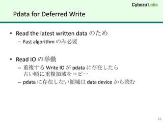 Pdata for Deferred Write

? Read the latest written data Τ
  C Fast algorithm Τ߱Ҫ


? Read IO Β
  C } Write IO  pdata ˴ڤ
    Ť혤}I򥳥ԩ`
  C pdata ˴ڤʤI data device i




                                       16
 