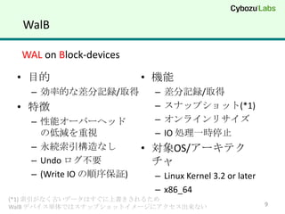 WalB

  WAL on Block-devices

 ? Ŀ                    ? C
   C ʵĤʲӛh/ȡ          C   ӛh/ȡ
 ? ؏                     C   ʥåץå(*1)
   C ܥ`Щ`إå            C   饤ꥵ
     ε͜pҕ               C   IO Iһrֹͣ
   C Aʤ            ? OS/`ƥ
   C Undo Ҫ             
   C (Write IO ^)     C Linux Kernel 3.2 or later
                          C x86_64
(*1) ʤŤǩ`Ϥϕ뤿
WalB ǥХgǤϥʥåץåȥ`˥ʤ                      9
 