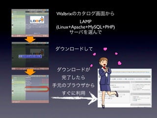 Walbrix
           LAMP
(Linux+Apache+MySQL+PHP)
 