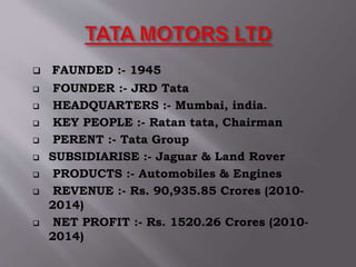  FAUNDED :- 1945
 FOUNDER :- JRD Tata
 HEADQUARTERS :- Mumbai, india.
 KEY PEOPLE :- Ratan tata, Chairman
 PERENT :- Tata Group
 SUBSIDIARISE :- Jaguar & Land Rover
 PRODUCTS :- Automobiles & Engines
 REVENUE :- Rs. 90,935.85 Crores (2010-
2014)
 NET PROFIT :- Rs. 1520.26 Crores (2010-
2014)
 