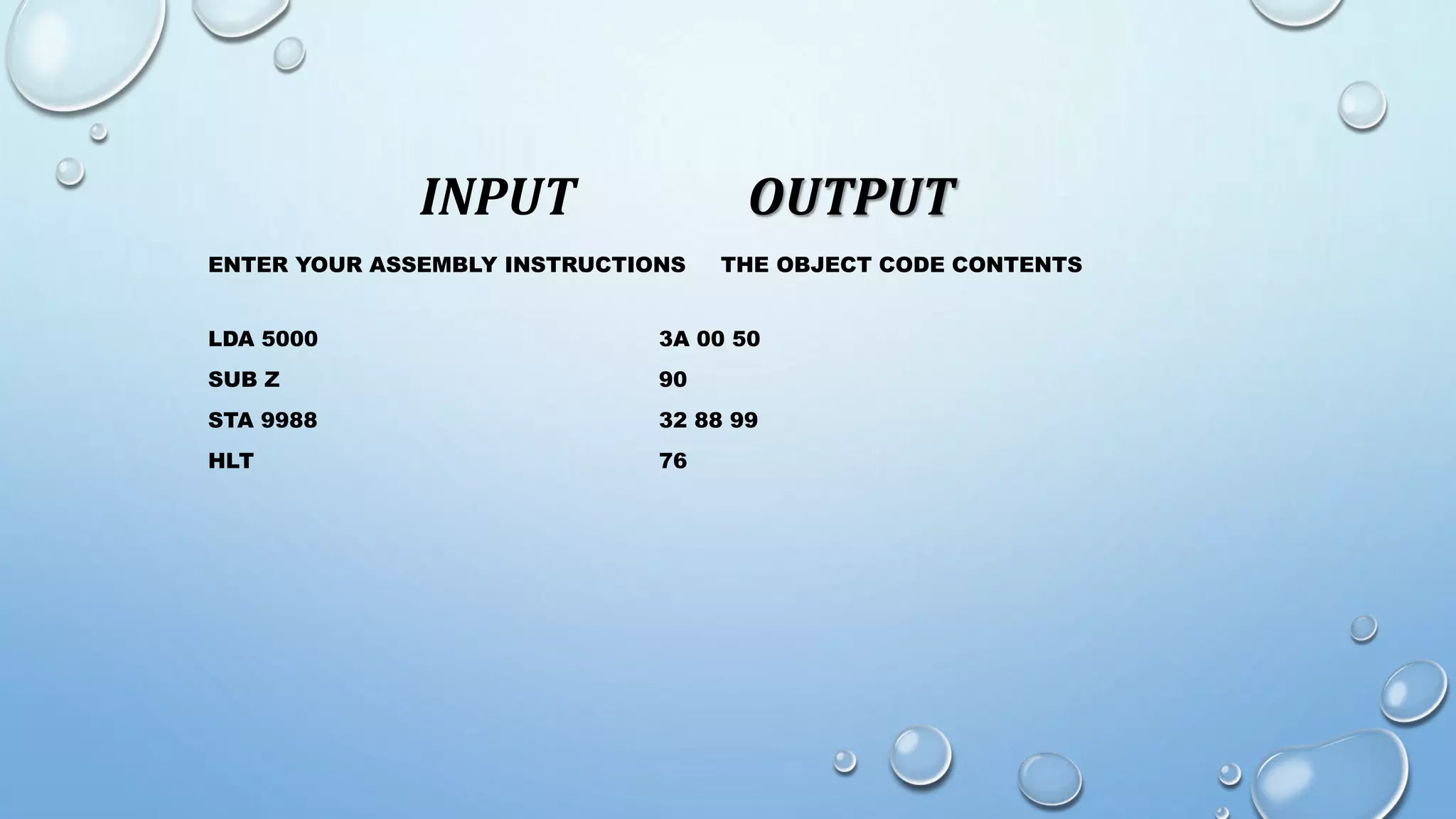 INPUT OUTPUT 
ENTER YOUR ASSEMBLY INSTRUCTIONS THE OBJECT CODE CONTENTS 
LDA 5000 3A 00 50 
SUB Z 90 
STA 9988 32 88 99 
HLT 76 
 