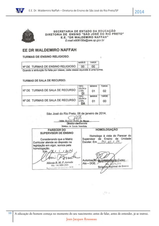 E.E. Dr. Waldemiro Naffah – Diretoria de Ensino de São José do Rio Preto/SP
2014
10 A educação do homem começa no momento do seu nascimento; antes de falar, antes de entender, já se instrui.
Jean-Jacques Rousseau
 