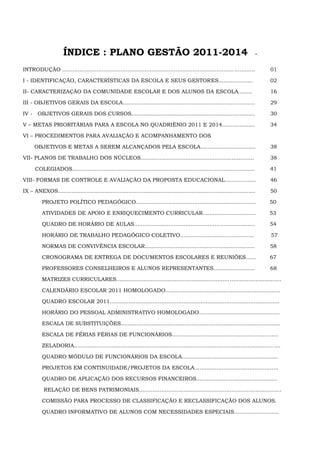 ÍNDICE : PLANO GESTÃO 2011-2014 -
INTRODUÇÃO ................................................................................................................ 01
I - IDENTIFICAÇÃO, CARACTERÍSTICAS DA ESCOLA E SEUS GESTORES.................... 02
II- CARACTERIZAÇÃO DA COMUNIDADE ESCOLAR E DOS ALUNOS DA ESCOLA........ 16
III - OBJETIVOS GERAIS DA ESCOLA............................................................................. 29
IV - OBJETIVOS GERAIS DOS CURSOS........................................................................ 30
V – METAS PRIORITÁRIAS PARA A ESCOLA NO QUADRIÊNIO 2011 E 2014................... 34
VI – PROCEDIMENTOS PARA AVALIAÇÃO E ACOMPANHAMENTO DOS
OBJETIVOS E METAS A SEREM ALCANÇADOS PELA ESCOLA................................ 38
VII- PLANOS DE TRABALHO DOS NÚCLEOS.................................................................. 38
COLEGIADOS.......................................................................................................... 41
VIII- FORMAS DE CONTROLE E AVALIAÇÃO DA PROPOSTA EDUCACIONAL.................. 46
IX – ANEXOS................................................................................................................... 50
PROJETO POLÍTICO PEDAGÓGICO...................................................................... 50
ATIVIDADES DE APOIO E ENRIQUECIMENTO CURRICULAR............................... 53
QUADRO DE HORÁRIO DE AULAS...................................................................... 54
HORÁRIO DE TRABALHO PEDAGÓGICO COLETIVO........................................... 57
NORMAS DE CONVIVÊNCIA ESCOLAR................................................................ 58
CRONOGRAMA DE ENTREGA DE DOCUMENTOS ESCOLARES E REUNIÕES...... 67
PROFESSORES CONSELHEIROS E ALUNOS REPRESENTANTES........................ 68
MATRIZES CURRICULARES................................................................................................
CALENDÁRIO ESCOLAR 2011 HOMOLOGADO...................................................................
QUADRO ESCOLAR 2011...................................................................................................
HORÁRIO DO PESSOAL ADMINISTRATIVO HOMOLOGADO...............................................
ESCALA DE SUBSTITUIÇÕES.............................................................................................
ESCALA DE FÉRIAS FÉRIAS DE FUNCIONÁRIOS..............................................................
ZELADORIA........................................................................................................................
QUADRO MÓDULO DE FUNCIONÁRIOS DA ESCOLA........................................................
PROJETOS EM CONTINUIDADE/PROJETOS DA ESCOLA.................................................
QUADRO DE APLICAÇÃO DOS RECURSOS FINANCEIROS...............................................
RELAÇÃO DE BENS PATRIMONIAIS...................................................................................
COMISSÃO PARA PROCESSO DE CLASSIFICAÇÃO E RECLASSIFICAÇÃO DOS ALUNOS.
QUADRO INFORMATIVO DE ALUNOS COM NECESSIDADES ESPECIAIS..........................
 