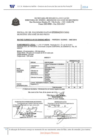 E.E. Dr. Waldemiro Naffah – Diretoria de Ensino de São José do Rio Preto/SP
2014
14 A educação do homem começa no momento do seu nascimento; antes de falar, antes de entender, já se instrui.
Jean-Jacques Rousseau
 