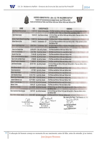 E.E. Dr. Waldemiro Naffah – Diretoria de Ensino de São José do Rio Preto/SP
2014
21 A educação do homem começa no momento do seu nascimento; antes de falar, antes de entender, já se instrui.
Jean-Jacques Rousseau
 