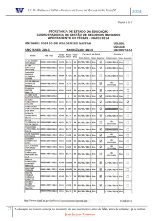 E.E. Dr. Waldemiro Naffah – Diretoria de Ensino de São José do Rio Preto/SP
2014
22 A educação do homem começa no momento do seu nascimento; antes de falar, antes de entender, já se instrui.
Jean-Jacques Rousseau
 
