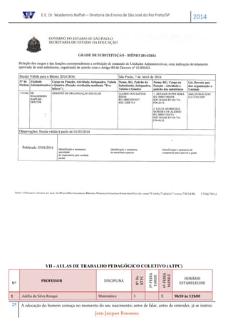E.E. Dr. Waldemiro Naffah – Diretoria de Ensino de São José do Rio Preto/SP
2014
25 A educação do homem começa no momento do seu nascimento; antes de falar, antes de entender, já se instrui.
Jean-Jacques Rousseau
VII - AULAS DE TRABALHO PEDAGÓGICO COLETIVO (ATPC)
Nº
PROFESSOR DISCIPLINA
NºDe
HTPC
3ª-FEIRA
TARDE
4ª-FEIRA
MANHÃ
HORÁRIO
ESTABELECIDO
1 Adélia da Silva Ronqui Matemática 3 X 9h30 às 12h00
 