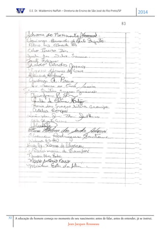 E.E. Dr. Waldemiro Naffah – Diretoria de Ensino de São José do Rio Preto/SP
2014
32 A educação do homem começa no momento do seu nascimento; antes de falar, antes de entender, já se instrui.
Jean-Jacques Rousseau
 