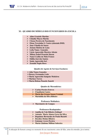 E.E. Dr. Waldemiro Naffah – Diretoria de Ensino de São José do Rio Preto/SP
2014
44 A educação do homem começa no momento do seu nascimento; antes de falar, antes de entender, já se instrui.
Jean-Jacques Rousseau
XI – QUADRO DO MÓDULO DOS FUNCIONÁRIOS DA ESCOLA
 Aline Graziele Martins
 Cláudia Mayra Martin
 Cleusa Pereira do Nascimento
 Elena Terezinha S. Castro (afastada DSD)
 Jane Cláudia de Souza
 Josiane Batista de Luna
 Leila Nunes Gonzales
 Lúcia Aparecida Moreira Aléssio
 Milene Izabel Pezarini Jiacon
 Nanci Coelho de Melo Franco
 Odilia José dos Santos
 Sonia Aparecida Iori
 Zenaide Popin Hora
Quadro de Agente de Serviços Escolares:
Alda Nunes Gonzales
Doracy Fernandes Leite
Maria Aparecida Sampaio Medeiros
Marinez Torres
Marta Helena Pasoelo Zanetti
Quadro de Merendeiras:
 Carina Pereira Esteves
 Claudineia Castro
 Maria das Graças Souza Crestani
 Marinilda da Silva Ribeiro
Professora Mediadora
 Marcimeire de Campos
Professores Readaptados:
 Amélia do Vale Ribeiro Schlegel
 Antonia Maria Alonso Gerez da Silva
 Deguimar Bernardes de Paula Buzutti
 Doralice Doimo Ribeiro
 Guiomar Avero Pereira
 Maria Glaiúma Milfont Sobreira
 