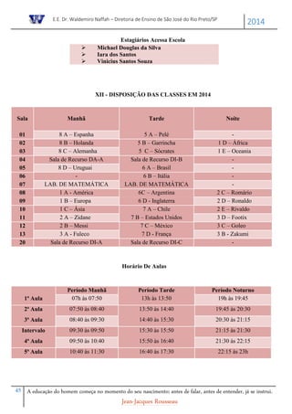 E.E. Dr. Waldemiro Naffah – Diretoria de Ensino de São José do Rio Preto/SP
2014
45 A educação do homem começa no momento do seu nascimento; antes de falar, antes de entender, já se instrui.
Jean-Jacques Rousseau
Estagiários Acessa Escola
 Michael Douglas da Silva
 Iara dos Santos
 Vinicius Santos Souza
XII - DISPOSIÇÃO DAS CLASSES EM 2014
Sala Manhã Tarde Noite
01 8 A – Espanha 5 A – Pelé -
02 8 B – Holanda 5 B – Garrincha 1 D – Àfrica
03 8 C – Alemanha 5 C – Sócrates 1 E – Oceania
04 Sala de Recurso DA-A Sala de Recurso DI-B -
05 8 D – Uruguai 6 A – Brasil -
06 - 6 B – Itália -
07 LAB. DE MATEMÁTICA LAB. DE MATEMÁTICA -
08 1 A - América 6C – Argentina 2 C – Romário
09 1 B – Europa 6 D - Inglaterra 2 D – Ronaldo
10 1 C – Ásia 7 A – Chile 2 E – Rivaldo
11 2 A – Zidane 7 B – Estados Unidos 3 D – Footix
12 2 B – Messi 7 C – México 3 C – Goleo
13 3 A - Fuleco 7 D - França 3 B - Zakumi
20 Sala de Recurso DI-A Sala de Recurso DI-C -
Horário De Aulas
Período Manhã Período Tarde Período Noturno
1ª Aula 07h às 07:50 13h às 13:50 19h às 19:45
2ª Aula 07:50 às 08:40 13:50 às 14:40 19:45 às 20:30
3ª Aula 08:40 às 09:30 14:40 às 15:30 20:30 às 21:15
Intervalo 09:30 às 09:50 15:30 às 15:50 21:15 às 21:30
4ª Aula 09:50 às 10:40 15:50 às 16:40 21:30 às 22:15
5ª Aula 10:40 às 11:30 16:40 às 17:30 22:15 às 23h
 