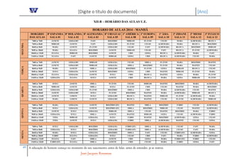[Digite o título do documento] [Ano]
49 A educação do homem começa no momento do seu nascimento; antes de falar, antes de entender, já se instrui.
Jean-Jacques Rousseau
XII-B – HORÁRIO DAS AULAS U.E.
HORÁRIO DE AULAS 2014 - MANHÃ
HORÁRIO
DAS AULAS
8ª ESPANHA
SALA 01
8ª HOLANDA
SALA 02
8ª ALEMANHA
SALA 03
8ª URUGUAI
SALA 05
1º AMÉRICA
SALA 08
1º EUROPA
SALA 09
1º ÁSIA
SALA 10
2º ZIDANE
SALA 11
2º MESSI
SALA 12
3º FULECO
SALA 13
SEGUNDA
7h00 às 7h50 JANETE GERALDO FAFU ROGÉRIO MIRIAM FLÁVIO CELSO MARA ALDEMARA BIANCA
7h50 às 8h40 MIRIAM JANETE FAFU GERALDO FLÁVIO CELSO ALDEMARA MARA BIANCA ROGÉRIO
8h40 às 9h30 MARA JANETE FLÁVIO GERALDO CELSO FAFU ALDEMARA BIANCA ROGÉRIO MIRIAM
9h50 às 10h40 MARA ELIANA ROGÉRIO JANETE MIRIAM CELSO FAFU BIANCA FLÁVIO ALDEMARA
10h40 às 11h30 ELIANA MIRIAM ROGÉRIO JANETE CRIS GEISA BIANCA ALDEMARA MARA FAFU
11h30 às 12h20 ELIANA FAFU JANETE MIRIAM GEISA CRIS BIANCA ALDEMARA CELSO MARA
TERÇA
7h00 às 7h50 JANETE GERALDO MIRIAM GERALDA CELSO ODILA FLÁVIO MARA ROGÉRIO MAITEE
7h50 às 8h40 JANETE GERALDO MIRIAM GERALDA ODILA ROGÉRIO FLÁVIO MARA MAITEE CELSO
8h40 às 9h30 MARA JANETE ODILA GERALDO ROGÉRIO FLÁVIO GEISA MIRIAM BIANCA CELSO
9h50 às 10h40 SUELI GERALDA JANETE ROGÉRIO GEISA CRIS MAITEE MIRIAM FLÁVIO MARA
10h40 às 11h30 ELIANA GERALDA JANETE SUELI CRIS BIANCA MAITEE GEISA MARA FLÁVIO
11h30 às 12h20 GERALDA ELIANA SUELI JANETE CRIS BIANCA MARA GEISA MIRIAM FLÁVIO
QUARTA
7h00 às 7h50 SUELI JANETE ODILA FLÁVIO CELSO MIRIAM MAITEE ROGÉRIO MARA ALDEMARA
7h50 às 8h40 MIRIAM JANETE ODILA SUELI FLÁVIO CRIS CELSO MAITEE MARA ROGÉRIO
8h40 às 9h30 GERALDA GERALDO FLÁVIO ROGÉRIO ODILA CRIS MARA ALDEMARA CELSO MAITEE
9h50 às 10h40 JANETE GERALDO SUELI FLÁVIO ROGÉRIO MAITEE MARA ALDEMARA MIRIAM BIANCA
10h40 às 11h30 JANETE LOSENI SUELI GERALDO BIANCA MAITEE MIRIAM FLÁVIO ALDEMARA MARA
11h30 às 12h20 MARA LOSENI JANETE GERALDO BIANCA MAITEE CELSO FLÁVIO ALDEMARA MIRIAM
QUINTA
7h00 às 7h50 MARA GERALDA JANETE ROGÉRIO (EF) MAITEE ODILA ROGÉRIO FÁBIO CELSO ALDEMARA
7h50 às 8h40 SUELI GERALDA JANETE ROGÉRIO (EF) ODILA ROGÉRIO MIRIAM CELSO MAITEE ALDEMARA
8h40 às 9h30 JANETE SUELI GERALDA MIRIAM ODILA CELSO MAITEE ROGÉRIO MARA FÁBIO
9h50 às 10h40 GERALDA SUELI ODILA JANETE MAITEE MIRIAM GEISA CELSO ALDEMARA FÁBIO
10h40 às 11h30 YEDA MIRIAM GERALDA SUELI FÁBIO MAITEE ROGÉRIO ALDEMARA GEISA CELSO
11h30 às 12h20 YEDA JANETE SUELI GERALDA FÁBIO ODILA ALDEMARA MAITEE CELSO GEISA
SEXTA
7h00 às 7h50 SUELI GERALDO ROGÉRIO GERALDA FÁBIO (EF) ODILA ALDEMARA CELSO FAFU MARA
7h50 às 8h40 GERALDA SUELI ROGÉRIO GERALDO FABIO (EF) ODILA ALDEMARA CELSO FAFU MARA
8h40 às 9h30 MARA SUELI GERALDA ROGÉRIO ODILA FAFU CELSO FÁBIO (EF) ALDEMARA GEISA
9h50 às 10h40 FÁBIO ELIANA GERALDA SUELI CELSO CRIS FAFU MARA FÁBIO ALDEMARA
10h40 às 11h30 ELIANA FAFU ODILA JANETE CRIS GEISA MARA FÁBIO (EF) FÁBIO CELSO
11h30 às 12h20 FÁBIO (EF) ELIANA ODILA JANETE CRIS CELSO MARA FÁBIO GEISA FAFU
 