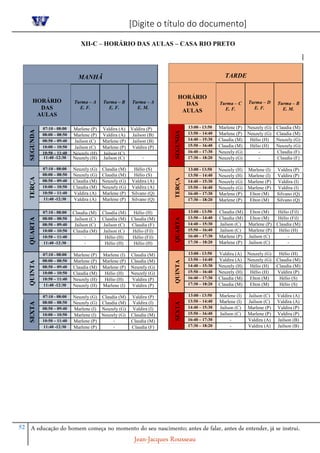 [Digite o título do documento]
52 A educação do homem começa no momento do seu nascimento; antes de falar, antes de entender, já se instrui.
Jean-Jacques Rousseau
XII-C – HORÁRIO DAS AULAS – CASA RIO PRETO
MANHÃ
HORÁRIO
DAS
AULAS
Turma – A
E. F.
Turma – B
E. F.
Turma – A
E. M.
SEGUNDA
07:10 - 08:00 Marlene (P) Valdira (A) Valdira (P)
08:00 – 08:50 Marlene (P) Valdira (A) Jailson (B)
08:50 – 09:40 Jailson (C) Marlene (P) Jailson (B)
10:00 – 10:50 Jailson (C) Marlene (P) Valdira (P)
10:50 – 11:40 Neuzely (H) Jailson (C)
-11:40 -12:30 Neuzely (H) Jailson (C) -
TERÇA
07:10 - 08:00 Neuzely (G) Claudia (M) Hélio (S)
08:00 – 08:50 Neuzely (G) Claudia (M) Hélio (S)
08:50 – 09:40 Claudia (M) Neuzely (G) Valdira (A)
10:00 – 10:50 Claudia (M) Neuzely (G) Valdira (A)
10:50 – 11:40 Valdira (A) Marlene (P) Silvano (Q)
11:40 -12:30 Valdira (A) Marlene (P) Silvano (Q)
QUARTA
07:10 - 08:00 Claudia (M) Claudia (M) Hélio (H)
08:00 – 08:50 Jailson (C) Claudia (M) Claudia (M)
08:50 – 09:40 Jailson (C) Jailson (C) Claudia (F)
10:00 – 10:50 Claudia (M) Jailson (C) Hélio (Fil)
10:50 – 11:40 - Hélio (H) Hélio (Fil)
11:40 -12:30 - Hélio (H) Hélio (H)
QUINTA
07:10 - 08:00 Marlene (P) Marlene (I) Claudia (M)
08:00 – 08:50 Marlene (P) Marlene (P) Claudia (M)
08:50 – 09:40 Claudia (M) Marlene (P) Neuzely (G)
10:00 – 10:50 Claudia (M) Hélio (H) Neuzely (G)
10:50 – 11:40 Neuzely (H) Hélio (H) Valdira (P)
11:40 -12:30 Neuzely (H) Marlene (I) Valdira (P)
SEXTA
07:10 - 08:00 Neuzely (G) Claudia (M) Valdira (P)
08:00 – 08:50 Neuzely (G) Claudia (M) Valdira (I)
08:50 – 09:40 Marlene (I) Neuzely (G) Valdira (I)
10:00 – 10:50 Marlene (I) Neuzely (G) Claudia (M)
10:50 – 11:40 Marlene (P) - Claudia (M)
11:40 -12:30 Marlene (P) - Claudia (F)
TARDE
HORÁRIO
DAS
AULAS
Turma – C
E. F.
Turma – D
E. F.
Turma – B
E. M.
SEGUNDA
13:00 - 13:50 Marlene (P) Neuzely (G) Claudia (M)
13:50 – 14:40 Marlene (P) Neuzely (G) Claudia (M)
14:40 – 15:30 Claudia (M) Hélio (H) Neuzely (G)
15:50 – 16:40 Claudia (M) Hélio (H) Neuzely (G)
16:40 – 17:30 Neuzely (G) - Claudia (F)
17:30 – 18:20 Neuzely (G) - Claudia (F)
TERÇA
13:00 - 13:50 Neuzely (H) Marlene (I) Valdira (P)
13:50 – 14:40 Neuzely (H) Marlene (I) Valdira (P)
14:40 – 15:30 Neuzely (G) Marlene (P) Valdira (I)
15:50 – 16:40 Neuzely (G) Marlene (P) Valdira (I)
16:40 – 17:30 Marlene (P) Elton (M) Silvano (Q)
17:30 – 18:20 Marlene (P) Elton (M) Silvano (Q)
QUARTA
13:00 - 13:50 Claudia (M) Elton (M) Hélio (Fil)
13:50 – 14:40 Claudia (M) Elton (M) Hélio (Fil)
14:40 – 15:30 Jailson (C) Marlene (P) Claudia (M)
15:50 – 16:40 Jailson (C) Marlene (P) Hélio (H)
16:40 – 17:30 Marlene (P) Jailson (C) -
17:30 – 18:20 Marlene (P) Jailson (C) -
QUINTA
13:00 - 13:50 Valdira (A) Neuzely (G) Hélio (H)
13:50 – 14:40 Valdira (A) Neuzely (G) Claudia (M)
14:40 – 15:30 Neuzely (H) Hélio (H) Claudia (M)
15:50 – 16:40 Neuzely (H) Hélio (H) Valdira (P)
16:40 – 17:30 Claudia (M) Elton (M) Hélio (S)
17:30 – 18:20 Claudia (M) Elton (M) Hélio (S)
SEXTA
13:00 - 13:50 Marlene (I) Jailson (C) Valdira (A)
13:50 – 14:40 Marlene (I) Jailson (C) Valdira (A)
14:40 – 15:30 Jailson (C) Marlene (P) Valdira (P)
15:50 – 16:40 Jailson (C) Marlene (P) Valdira (P)
16:40 – 17:30 - Valdira (A) Jailson (B)
17:30 – 18:20 - Valdira (A) Jailson (B)
 