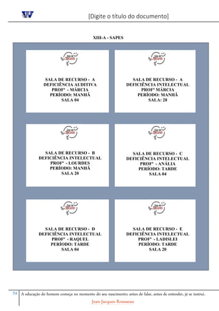 [Digite o título do documento]
54 A educação do homem começa no momento do seu nascimento; antes de falar, antes de entender, já se instrui.
Jean-Jacques Rousseau
XIII-A - SAPES
SALA DE RECURSO - A
DEFICIÊNCIA AUDITIVA
PROFª - MÁRCIA
PERÍODO: MANHÃ
SALA 04
SALA DE RECURSO - A
DEFICIÊNCIA INTELECTUAL
PROFª MÁRCIA
PERÍODO: MANHÃ
SALA: 20
SALA DE RECURSO - B
DEFICIÊNCIA INTELECTUAL
PROFª - LOURDES
PERÍODO: MANHÃ
SALA 20
SALA DE RECURSO - C
DEFICIÊNCIA INTELECTUAL
PROFª - ANÁLIA
PERÍODO: TARDE
SALA 04
SALA DE RECURSO - D
DEFICIÊNCIA INTELECTUAL
PROFª - RAQUEL
PERÍODO: TARDE
SALA 04
SALA DE RECURSO - E
DEFICIÊNCIA INTELECTUAL
PROFª - LADISLEI
PERÍODO: TARDE
SALA 20
 