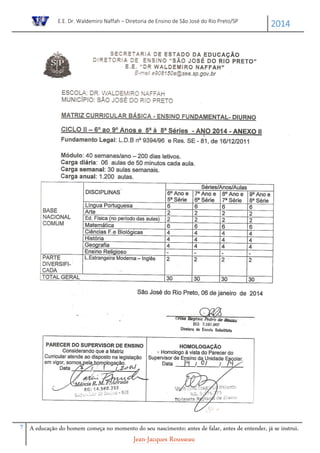 E.E. Dr. Waldemiro Naffah – Diretoria de Ensino de São José do Rio Preto/SP
2014
7 A educação do homem começa no momento do seu nascimento; antes de falar, antes de entender, já se instrui.
Jean-Jacques Rousseau
 