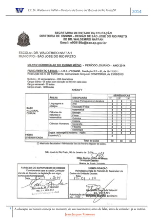 E.E. Dr. Waldemiro Naffah – Diretoria de Ensino de São José do Rio Preto/SP
2014
8 A educação do homem começa no momento do seu nascimento; antes de falar, antes de entender, já se instrui.
Jean-Jacques Rousseau
 