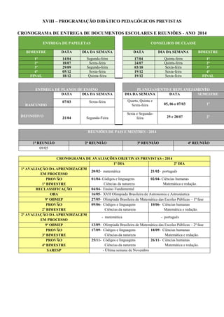 XVIII – PROGRAMAÇÃO DIDÁTICO PEDAGÓGICOS PREVISTAS
CRONOGRAMA DE ENTREGA DE DOCUMENTOS ESCOLARES E REUNIÕES - ANO 2014
ENTREGA DE PAPELETAS CONSELHOS DE CLASSE
BIMESTRE DATA DIA DA SEMANA DATA DIA DA SEMANA BIMESTRE
1º 14/04 Segunda-feira 17/04 Quinta-feira 1º
2º 18/07 Sexta-feira 24/07 Quinta-feira 2º
3º 29/09 Segunda-feira 03/10 Sexta-feira 3º
4º 05/12 Sexta-feira 19/12 Sexta-feira 4º
FINAL 18/12 Quinta-feira 19/12 Sexta-feira FINAL
ENTREGA DE PLANOS DE ENSINO PLANEJAMENTO E REPLANEJAMENTO
RASCUNHO
DATA DIA DA SEMANA DIA DA SEMANA DATA SEMESTRE
07/03 Sexta-feira Quarta, Quinta e
Sexta-feira
Segunda-Feira
05, 06 e 07/03 1º
DEFINITIVO
21/04 Segunda-Feira
Sexta e Segunda-
feira 25 e 28/07 2º
REUNIÕES DE PAIS E MESTRES - 2014
1ª REUNIÃO 2ª REUNIÃO 3ª REUNIÃO 4ª REUNIÃO
09/05
CRONOGRAMA DE AVALIAÇÕES OBJETIVAS PREVISTAS - 2014
1º DIA 2º DIA
1ª AVALIAÇÃO DA APRENDIZAGEM
EM PROCESSO
20/02- matemática 21/02- português
PROVÃO
1º BIMESTRE
01/04- Códigos e linguagens
Ciências da natureza
02/04- Ciências humanas
Matemática e redação.
RECLASSIFICAÇÃO 04/04- Ensino Fundamental
OBA 16/05- XVII Olimpíada Brasileira de Astronomia e Astronáutica
9ª OBMEP 27/05- Olimpíada Brasileira de Matemática das Escolas Públicas – 1ª fase
PROVÃO
2º BIMESTRE
09/06- Códigos e linguagens
Ciências da natureza
10/06- Ciências humanas
Matemática e redação.
2ª AVALIAÇÃO DA APRENDIZAGEM
EM PROCESSO
- matemática - português
9ª OBMEP 13/09- Olimpíada Brasileira de Matemática das Escolas Públicas – 2ª fase
PROVÃO
3º BIMESTRE
17/09- Códigos e linguagens
Ciências da natureza
18/09- Ciências humanas
Matemática e redação.
PROVÃO
4º BIMESTRE
25/11- Códigos e linguagens
Ciências da natureza
26/11- Ciências humanas
Matemática e redação.
SARESP - Última semana de Novembro
 