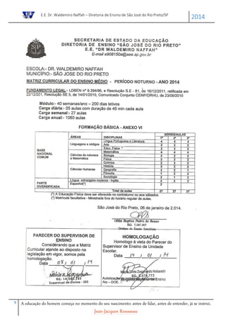 E.E. Dr. Waldemiro Naffah – Diretoria de Ensino de São José do Rio Preto/SP
2014
9 A educação do homem começa no momento do seu nascimento; antes de falar, antes de entender, já se instrui.
Jean-Jacques Rousseau
 