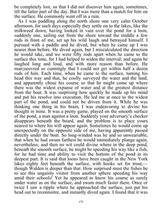 be completely lost, so that I did not discover him again, sometimes,
till the latter part of the day. But I was more than a match for him on
the surface. He commonly went off in a rain.
As I was paddling along the north shore one very calm October
afternoon, for such days especially they settle on to the lakes, like the
milkweed down, having looked in vain over the pond for a loon,
suddenly one, sailing out from the shore toward the middle a few
rods in front of me, set up his wild laugh and betrayed himself. I
pursued with a paddle and he dived, but when he came up I was
nearer than before. He dived again, but I miscalculated the direction
he would take, and we were fifty rods apart when he came to the
surface this time, for I had helped to widen the interval; and again he
laughed long and loud, and with more reason than before. He
man;oeuvred so cunningly that I could not get within half a dozen
rods of him. Each time, when he came to the surface, turning his
head this way and that, he coolly surveyed the water and the land,
and apparently chose his course so that he might come up where
there was the widest expanse of water and at the greatest distance
from the boat. It was surprising how quickly he made up his mind
and put his resolve into execution. He led me at once to the widest
part of the pond, and could not be driven from it. While he was
thinking one thing in his brain, I was endeavoring to divine his
thought in mine. It was a pretty game, played on the smooth surface
of the pond, a man against a loon. Suddenly your adversary’s checker
disappears beneath the board, and the problem is to place yours
nearest to where his will appear again. Sometimes he would come up
unexpectedly on the opposite side of me, having apparently passed
directly under the boat. So long-winded was he and so unweariable,
that when he had swum farthest he would immediately plunge again,
nevertheless; and then no wit could divine where in the deep pond,
beneath the smooth surface, he might be speeding his way like a fish,
for he had time and ability to visit the bottom of the pond in its
deepest part. It is said that loons have been caught in the New York
lakes eighty feet beneath the surface, with hooks set for trout,—
though Walden is deeper than that. How surprised must the fishes be
to see this ungainly visitor from another sphere speeding his way
amid their schools! Yet he appeared to know his course as surely
under water as on the surface, and swam much faster there. Once or
twice I saw a ripple where he approached the surface, just put his
head out to reconnoitre, and instantly dived again. I found that it was
175
 