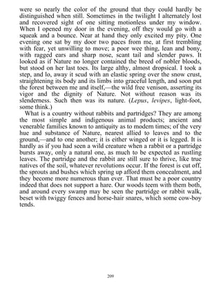 were so nearly the color of the ground that they could hardly be
distinguished when still. Sometimes in the twilight I alternately lost
and recovered sight of one sitting motionless under my window.
When I opened my door in the evening, off they would go with a
squeak and a bounce. Near at hand they only excited my pity. One
evening one sat by my door two paces from me, at first trembling
with fear, yet unwilling to move; a poor wee thing, lean and bony,
with ragged ears and sharp nose, scant tail and slender paws. It
looked as if Nature no longer contained the breed of nobler bloods,
but stood on her last toes. Its large althy, almost dropsical. I took a
step, and lo, away it scud with an elastic spring over the snow crust,
straightening its body and its limbs into graceful length, and soon put
the forest between me and itself,—the wild free venison, asserting its
vigor and the dignity of Nature. Not without reason was its
slenderness. Such then was its nature. (Lepus, levipes, light-foot,
some think.)
What is a country without rabbits and partridges? They are among
the most simple and indigenous animal products; ancient and
venerable families known to antiquity as to modern times; of the very
hue and substance of Nature, nearest allied to leaves and to the
ground,—and to one another; it is either winged or it is legged. It is
hardly as if you had seen a wild creature when a rabbit or a partridge
bursts away, only a natural one, as much to be expected as rustling
leaves. The partridge and the rabbit are still sure to thrive, like true
natives of the soil, whatever revolutions occur. If the forest is cut off,
the sprouts and bushes which spring up afford them concealment, and
they become more numerous than ever. That must be a poor country
indeed that does not support a hare. Our woods teem with them both,
and around every swamp may be seen the partridge or rabbit walk,
beset with twiggy fences and horse-hair snares, which some cow-boy
tends.
209
 