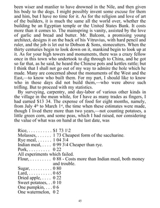 been wiser and manlier to have drowned in the Nile, and then given
his body to the dogs. I might possibly invent some excuse for them
and him, but I have no time for it. As for the religion and love of art
of the builders, it is much the same all the world over, whether the
building be an Egyptian temple or the United States Bank. It costs
more than it comes to. The mainspring is vanity, assisted by the love
of garlic and bread and butter. Mr. Balcom, a promising young
architect, designs it on the back of his Vitruvius, with hard pencil and
ruler, and the job is let out to Dobson & Sons, stonecutters. When the
thirty centuries begin to look down on it, mankind begin to look up at
it. As for your high towers and monuments, there was a crazy fellow
once in this town who undertook to dig through to China, and he got
so far that, as he said, he heard the Chinese pots and kettles rattle; but
I think that I shall not go out of my way to admire the hole which he
made. Many are concerned about the monuments of the West and the
East,—to know who built them. For my part, I should like to know
who in those days did not build them,—who were above such
trifling. But to proceed with my statistics.
By surveying, carpentry, and day-labor of various other kinds in
the village in the mean while, for I have as many trades as fingers, I
had earned $13 34. The expense of food for eight months, namely,
from July 4th
to March 1st
, the time when these estimates were made,
though I lived there more than two years,—not counting potatoes, a
little green corn, and some peas, which I had raised, nor considering
the value of what was on hand at the last date, was
Rice, . . . . . . . . . . $1 73 12
Molasses, . . . . . . 1 73 Cheapest form of the saccharine.
Rye meal, . . . . . . 1 04 34
Indian meal, . . . . 0 99 34 Cheaper than rye.
Pork, . . . . . . . . . 0 22
All experiments which failed.
Flour, . . . . . . . . . 0 88 - Costs more than Indian meal, both money
and trouble.
Sugar, . . . . . . . . . 0 80
Lard, . . . . . . . . . . 0 65
Dried apple, . . . . 0 22
Sweet potatoes, . . 0 10
One pumpkin, . . . 0 6
One watermelon, 0 2
45
 