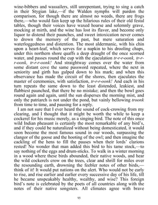 wine-bibbers and wassailers, still unrepentant, trying to sing a catch
in their Stygian lake,—if the Walden nymphs will pardon the
comparison, for though there are almost no weeds, there are frogs
there,—who would fain keep up the hilarious rules of their old festal
tables, though their voices have waxed hoarse and solemnly grave,
mocking at mirth, and the wine has lost its flavor, and become only
liquor to distend their paunches, and sweet intoxication never comes
to drown the memory of the past, but mere saturation and
waterloggedness and distention. The most aldermanic, with his chin
upon a heart-leaf, which serves for a napkin to his drooling chaps,
under this northern shore quaffs a deep draught of the once scorned
water, and passes round the cup with the ejaculation tr-r-r-oonk, tr-r-
r-oonk, tr-r-r-oonk! And straightway comes over the water from
some distant cove the same password repeated, where the next in
seniority and girth has gulped down to his mark; and when this
observance has made the circuit of the shores, then ejaculates the
master of ceremonies, with satisfaction, tr-r-r-oonk! And each in his
turn repeats the same down to the least distended, leakiest, and
flabbiest paunched, that there be no mistake; and then the bowl goes
round again and again, until the sun disperses the morning mist, and
only the patriarch is not under the pond, but vainly bellowing troonk
from time to time, and pausing for a reply.
I am not sure that I ever heard the sound of cock-crowing from my
clearing, and I thought that it might be worth the while to keep a
cockerel for his music merely, as a singing bird. The note of this once
wild Indian pheasant is certainly the most remarkable of any bird’s,
and if they could be naturalized without being domesticated, it would
soon become the most famous sound in our woods, surpassing the
clangor of the goose and the hooting of the owl; and then imagine the
cackling of the hens to fill the pauses when their lords’ clarions
rested! No wonder that man added this bird to his tame stock,—to
say nothing of the eggs and drum-sticks. To walk in a winter morning
in a wood where these birds abounded, their native woods, and hear
the wild cockerels crow on the trees, clear and shrill for miles over
the resounding earth, drowning the feebler notes of other birds,—
think of it! It would put nations on the alert. Who would not be early
to rise, and rise earlier and earlier every successive day of his life, till
he became unspeakably healthy, wealthy, and wise? This foreign
bird’s note is celebrated by the poets of all countries along with the
notes of their native songsters. All climates agree with brave
95
 