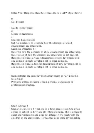 Enter Your Response HereReferences (follow APA style)Rubric
0
Not Present
1
Needs Improvement
2
Meets Expectations
3
Exceeds Expectations
Sub-Competency 5: Describe how the domains of child
development are integrated.
Learning Objective 5.1:
Describe how the domains of child development are integrated.
Description of how the domains are integrated is not present.
Response includes a vague description of how development in
one domain impacts development in other domains.
Response includes a logical description of how development in
one domain impacts development in other domains.
Demonstrates the same level of achievement as “2,” plus the
following:
Provides arelevant example from personal experience or
professional practice.
Short Answer 8
Scenario: Julie is a 6-year-old in a first-grade class. She often
comes to school in dirty and ill-fitting clothing. She is generally
quiet and withdrawn and does not interact very much with the
children in the classroom. Her teacher does some investigating
 