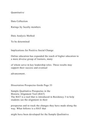 Quantitative
Data Collection
Ratings by faculty members
Data Analysis Method
To be determined
Implications for Positive Social Change
Online education has expanded the reach of higher education to
a more diverse group of learners, many
of whom serve in key leadership roles. These results may
support their success and eventual
advancement.
Dissertation Prospectus Guide Page 33
Sample Qualitative Prospectus in the
Historic Alignment Tool (HAT)
The HAT is a tool that is introduced in Residency 3 to help
students see the alignment in their
prospectus and to track the changes they have made along the
way. What follows is a HAT that
might have been developed for the Sample Qualitative
 
