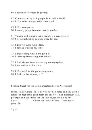 66. I accept differences in people.
67. Communicating with people is an end in itself.
68. I like to be intellectually stimulated.
69. I like to organize.
70. I usually jump from one task to another.
71. Talking and working with people is a creative art.
72. Self-actualization is a key word for me.
73. I enjoy playing with ideas.
74. I dislike wasting my time.
75. I enjoy doing what I am good at.
76. I learn by interacting with others.
77. I find abstractions interesting and enjoyable.
78. I am patient with details.
79. I like brief, to the point statements.
80. I feel confident in myself.
Scoring Sheet for the Communication Styles Assessment
Instructions: Circle the items you have selected and add up the
totals for each style (one point per answer). The maximum is 20
per style and your total for the four styles should be 40.
Style Circle your answer here Total Score
(max. 20)
Style 1
 