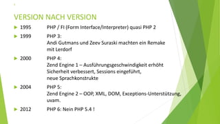 VERSION NACH VERSION
 1995 PHP / FI (Form Interface/Interpreter) quasi PHP 2
 1999 PHP 3:
Andi Gutmans und Zeev Suraski machten ein Remake
mit Lerdorf
 2000 PHP 4:
Zend Engine 1 – Ausführungsgeschwindigkeit erhöht
Sicherheit verbessert, Sessions eingeführt,
neue Sprachkonstrukte
 2004 PHP 5:
Zend Engine 2 – OOP, XML, DOM, Exceptions-Unterstützung,
uvam.
 2012 PHP 6: Nein PHP 5.4 !
5
 