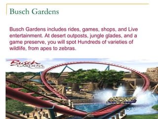 Busch Gardens

Busch Gardens includes rides, games, shops, and Live
entertainment. At desert outposts, jungle glades, and a
game preserve, you will spot Hundreds of varieties of
wildlife, from apes to zebras.
 