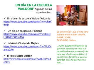UN DÍA EN LA ESCUELA
WALDORF Algunas de las
experiencias..
 Un día en la escuela Waldorf Alicante
https://www.youtube.com/watch?v=vufjaY
fhlqk
 Un día en caracoles. Primaria
https://www.youtube.com/watch?v=3J4D
HXQdCP8&t=15s
 Inlakesh Ciudad de Méjico
https://www.youtube.com/watch?v=WcC4
znsu2Ac
 El Telier. Escola waldorf
http://www.escolawaldorf.org/nweb/es/nod
e/271
La única misión que el niño tiene
durante el día es bien sencilla..
JUGAR, SENTR,
DESCUBRIR…Steiner
…8.30h. Sunflower(Mallorca) se
quita los zapatos y se calza sus
zapatillas de estar por casa (o de
estar por el cole mejor dicho). Si
es miércoles también se pone el
delantal, es el día que hacen el
pan……
 