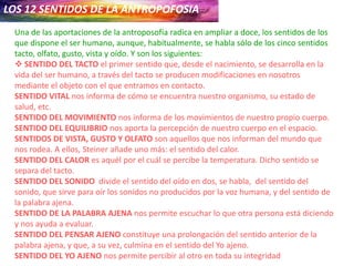 LOS 12 SENTIDOS DE LA ANTROPOFOSIA
Una de las aportaciones de la antroposofía radica en ampliar a doce, los sentidos de los
que dispone el ser humano, aunque, habitualmente, se habla sólo de los cinco sentidos
tacto, olfato, gusto, vista y oído. Y son los siguientes:
 SENTIDO DEL TACTO el primer sentido que, desde el nacimiento, se desarrolla en la
vida del ser humano, a través del tacto se producen modificaciones en nosotros
mediante el objeto con el que entramos en contacto.
SENTIDO VITAL nos informa de cómo se encuentra nuestro organismo, su estado de
salud, etc.
SENTIDO DEL MOVIMIENTO nos informa de los movimientos de nuestro propio cuerpo.
SENTIDO DEL EQUILIBRIO nos aporta la percepción de nuestro cuerpo en el espacio.
SENTIDOS DE VISTA, GUSTO Y OLFATO son aquellos que nos informan del mundo que
nos rodea. A ellos, Steiner añade uno más: el sentido del calor.
SENTIDO DEL CALOR es aquél por el cuál se percibe la temperatura. Dicho sentido se
separa del tacto.
SENTIDO DEL SONIDO divide el sentido del oído en dos, se habla, del sentido del
sonido, que sirve para oír los sonidos no producidos por la voz humana, y del sentido de
la palabra ajena.
SENTIDO DE LA PALABRA AJENA nos permite escuchar lo que otra persona está diciendo
y nos ayuda a evaluar.
SENTIDO DEL PENSAR AJENO constituye una prolongación del sentido anterior de la
palabra ajena, y que, a su vez, culmina en el sentido del Yo ajeno.
SENTIDO DEL YO AJENO nos permite percibir al otro en toda su integridad
 
