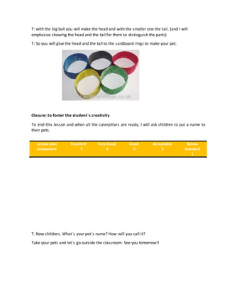 T: with the big ball you will make the head and with the smaller one the tail. (and I will
emphasize showing the head and the tail for them to distinguish the parts)
T: So you will glue the head and the tail to the cardboard rings to make your pet.
Closure: to foster the student´s creativity
To end this lesson and when all the caterpillars are ready, I will ask children to put a name to
their pets.
T. Now children, What´s your pet´s name? How will you call it?
Take your pets and let´s go outside the classroom. See you tomorrow!!
Lesson plan
component
Excellent
5
Very Good
4
Good
3
Acceptable
2
Below
Standard
1
 
