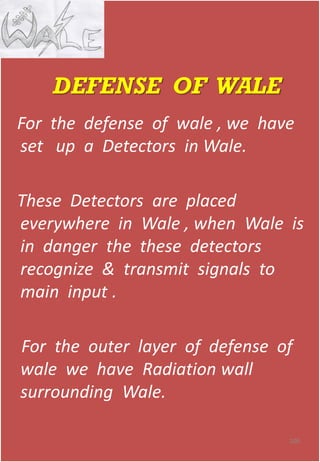 • AS
For the defense of wale , we have
set up a Detectors in Wale.
These Detectors are placed
everywhere in Wale , when Wale is
in danger the these detectors
recognize & transmit signals to
main input .
For the outer layer of defense of
wale we have Radiation wall
surrounding Wale.
100
DEFENSE OF WALE
 