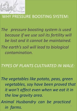 WHY PRESSURE BOOSTING SYSTEM:
The pressure boosting system is used
because if we use soil its fertility will
be lost and it cannot be maintained.
The earth’s soil will lead to biological
contamination.
TYPES OF PLANTS CULTIVATED IN WALE:
The vegetables like potato, peas, green
vegetables, soy have been proved that
it won’t affect even when we eat it in
the low gravity area.
Animal Husbandry can be practiced
in farms. 65
 